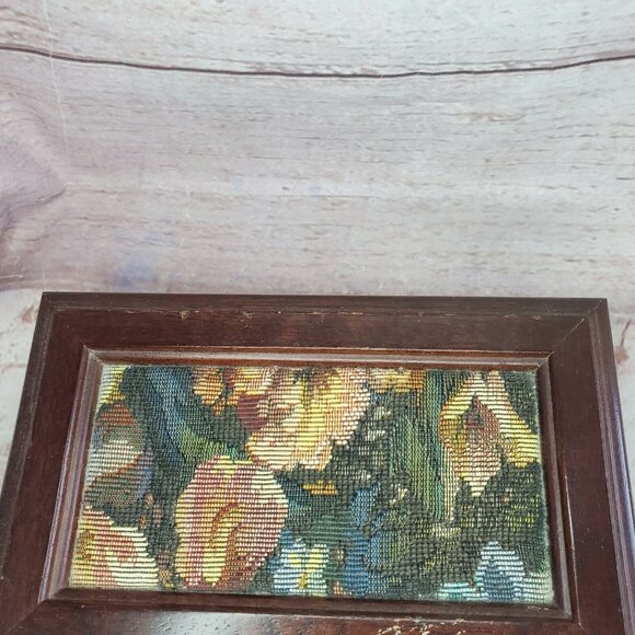 Vintage Brocade Fabric Velvet Lining Mirror 2 Tier Wooden Ring & Jewelry Box - Picture 2 of 12